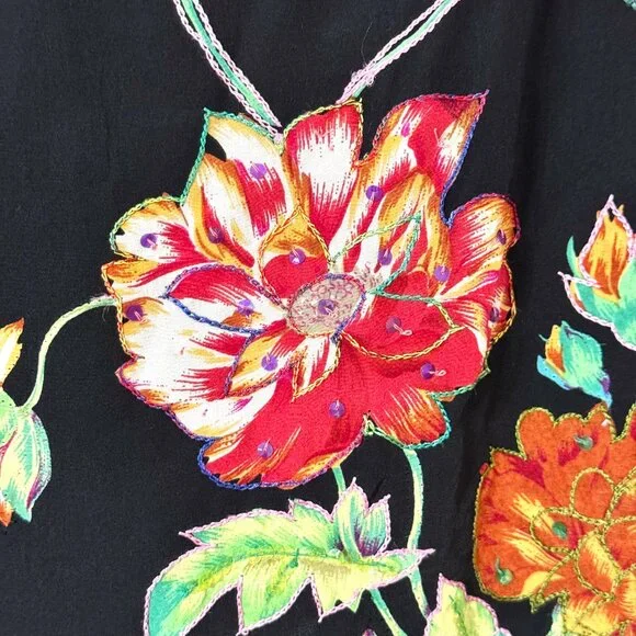 Vtg Y2K Black Floral Pencil Skirt Silky 15"W Embroidered Sequins Embellished NWT - Picture 3 of 16